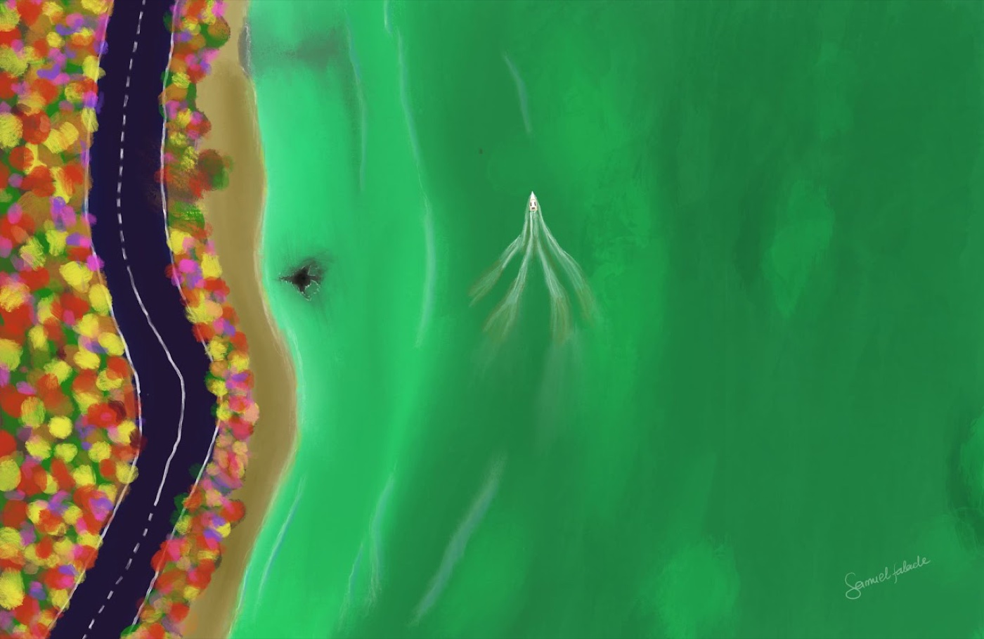 Aerial digital painting of a boat on green water beside an autumn road
