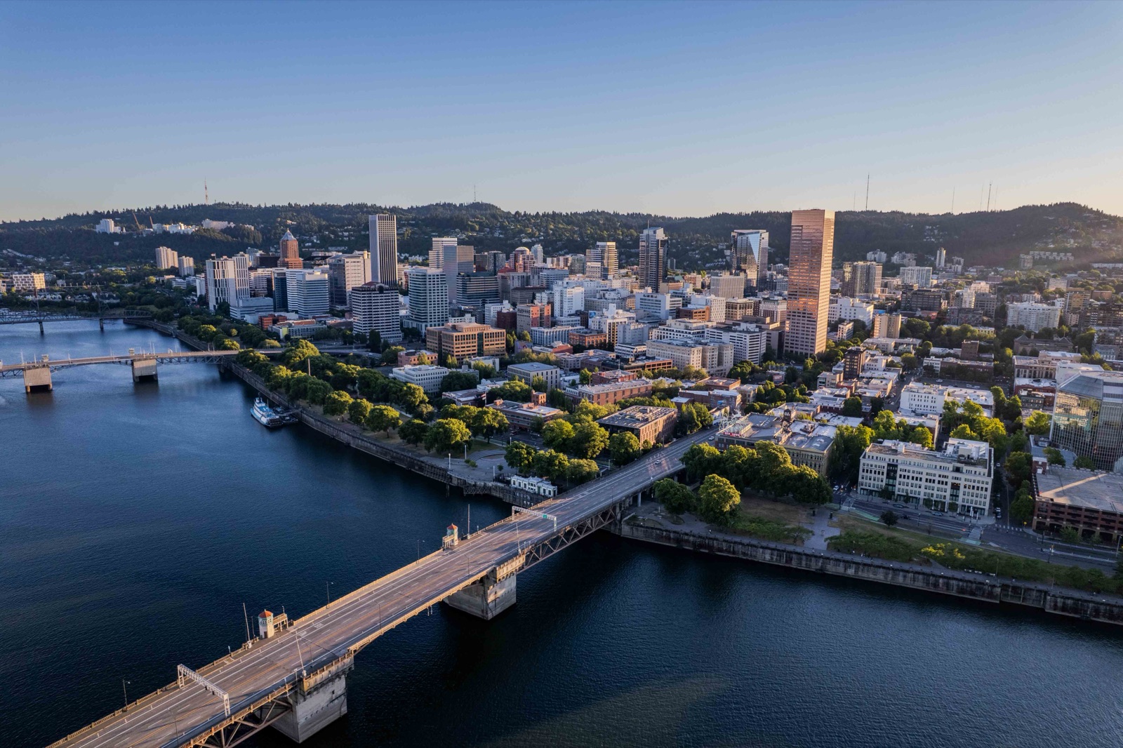 Portland skyline at blue hour from above