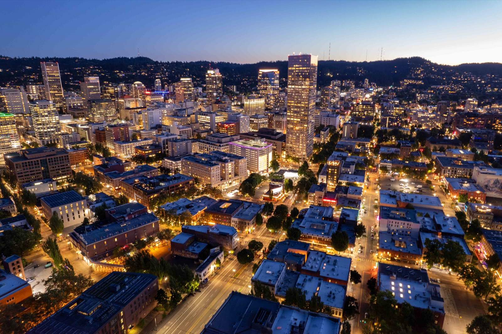 Aerial downtown skyline at blue hour