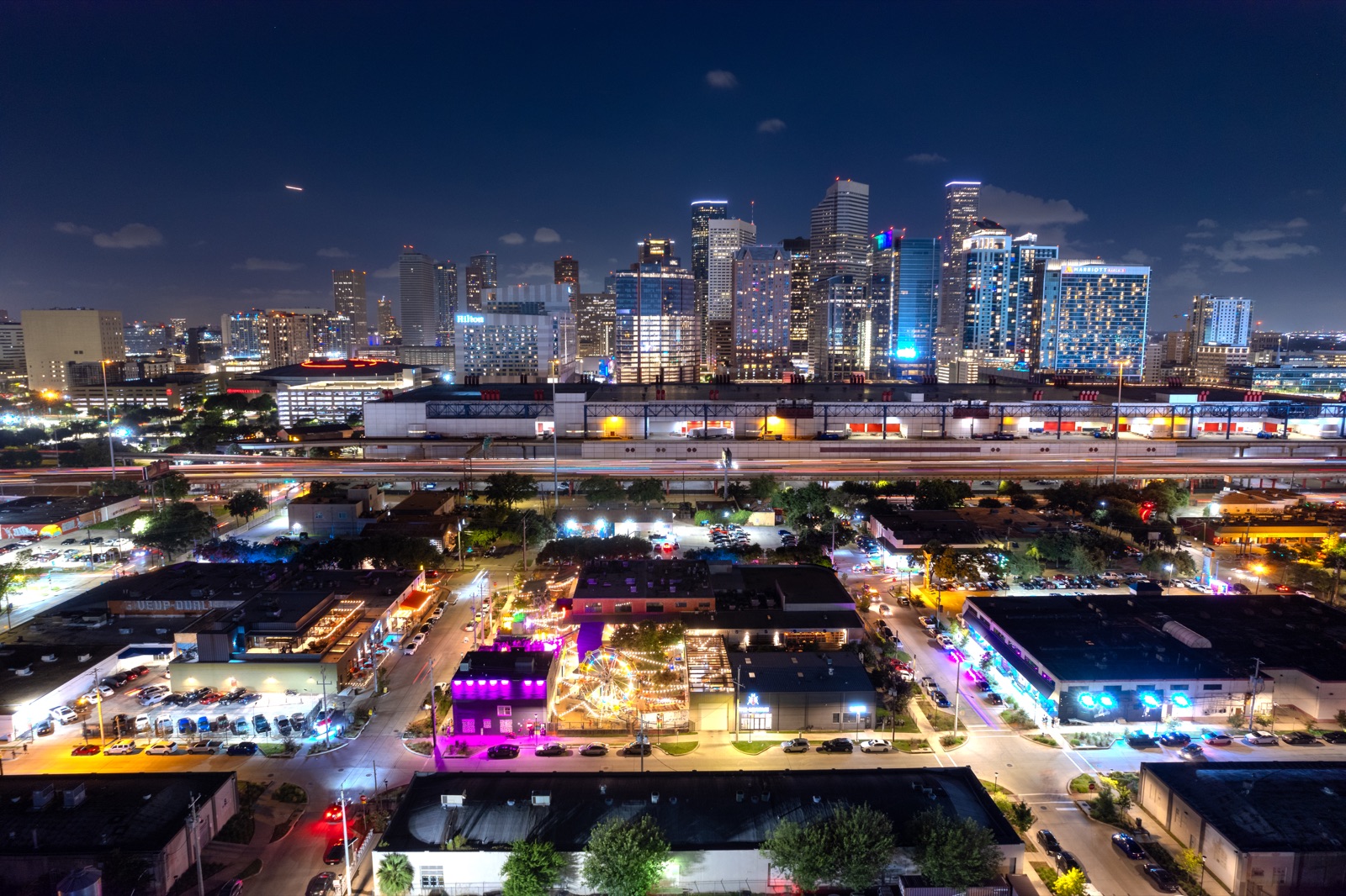 Houston skyline at night from above